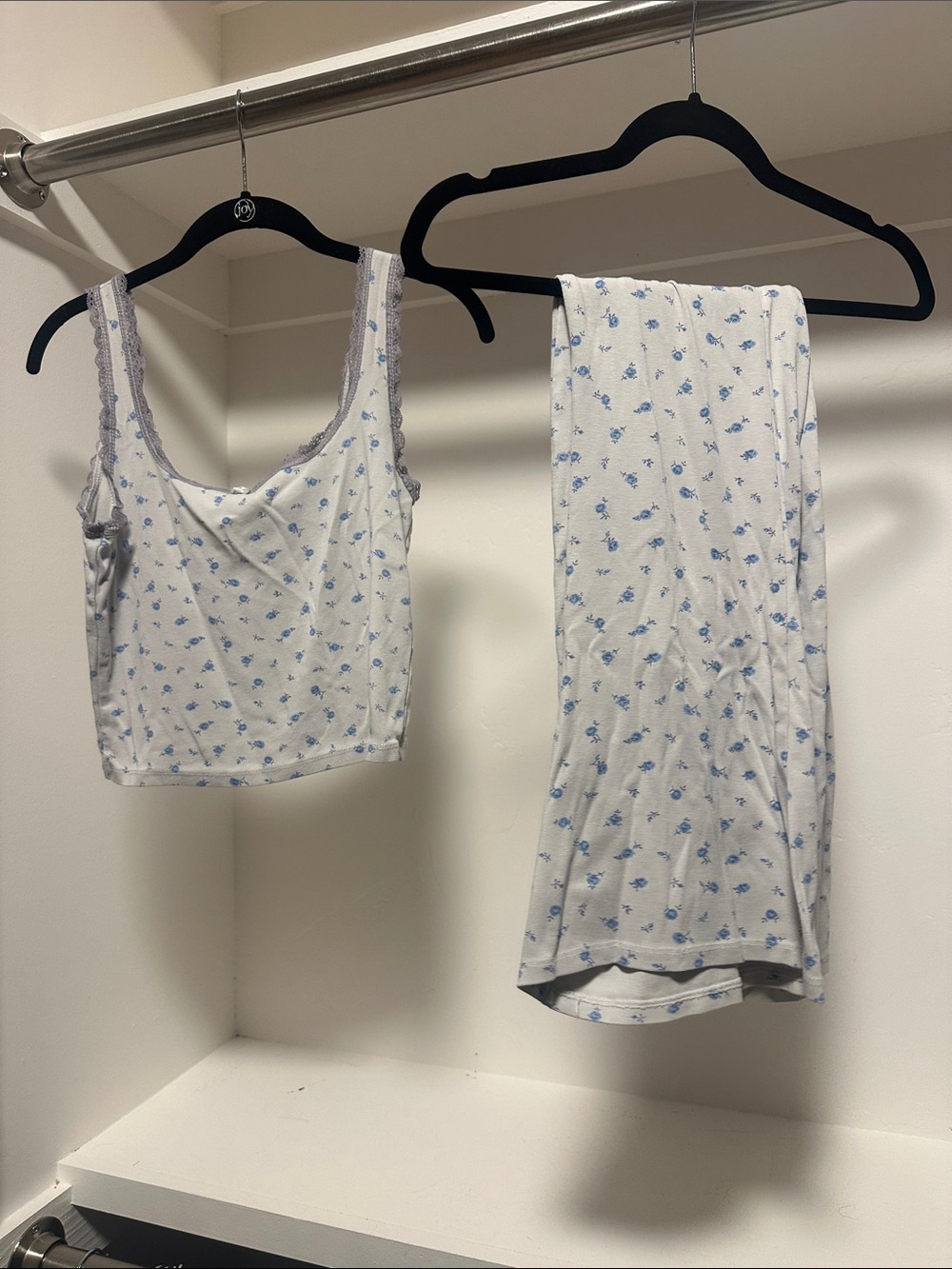 Women's Blue Floral Lace-Trim Tank & Pants Pajama Set